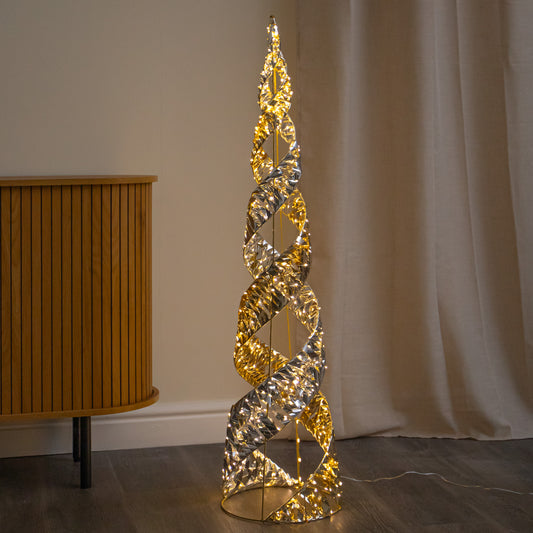 120cm Silver & Gold Helix Christmas Cone Tree with Warm White LEDs