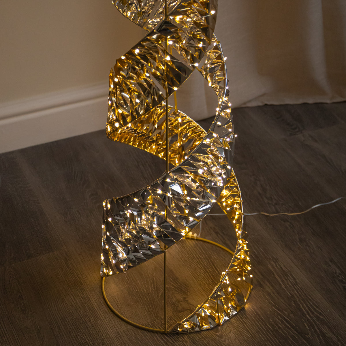 120cm Silver & Gold Helix Christmas Cone Tree with Warm White LEDs