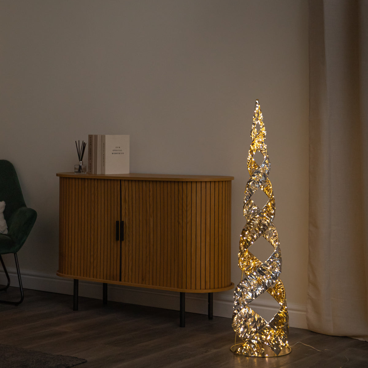 120cm Silver & Gold Helix Christmas Cone Tree with Warm White LEDs