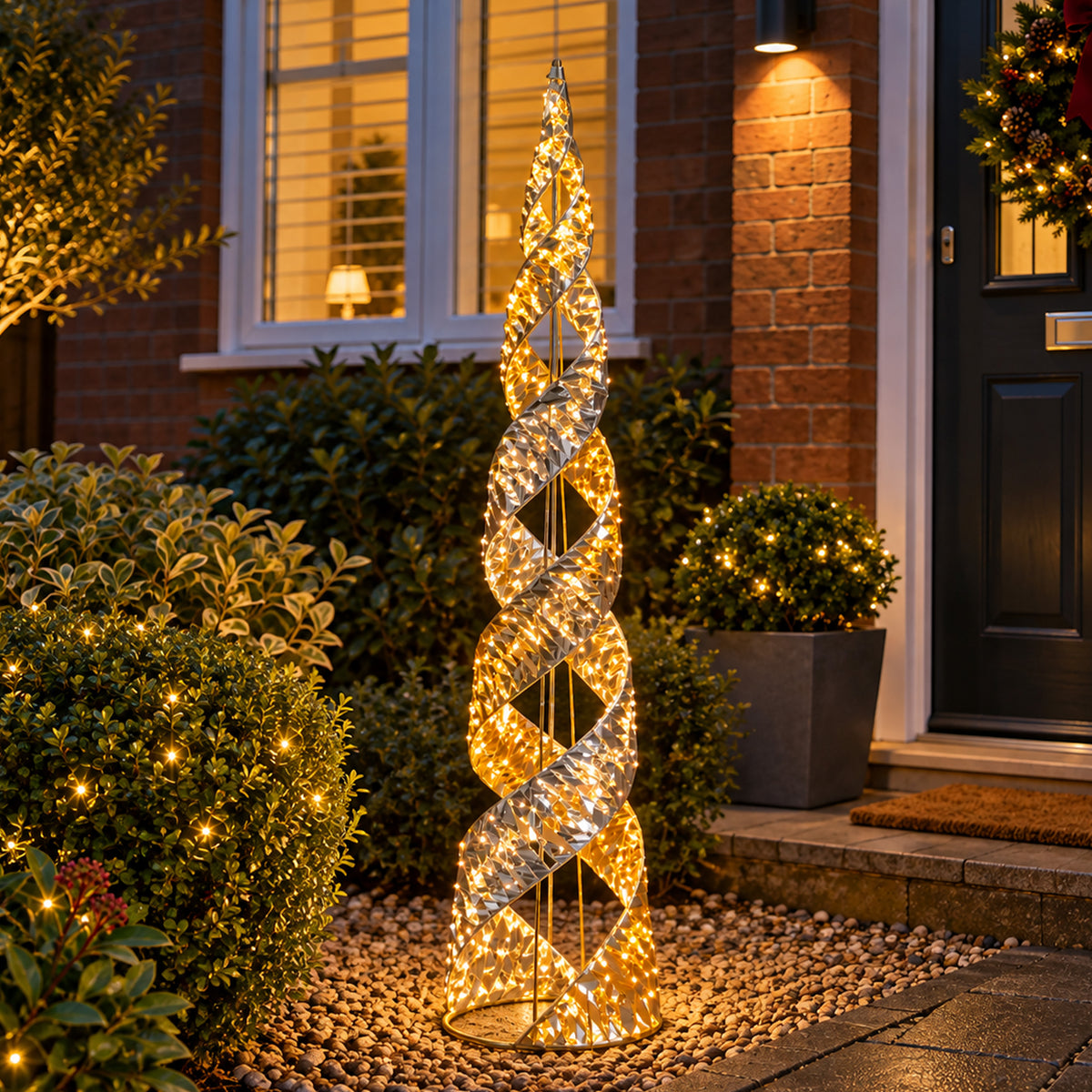 120cm Silver & Gold Helix Christmas Cone Tree with Warm White LEDs