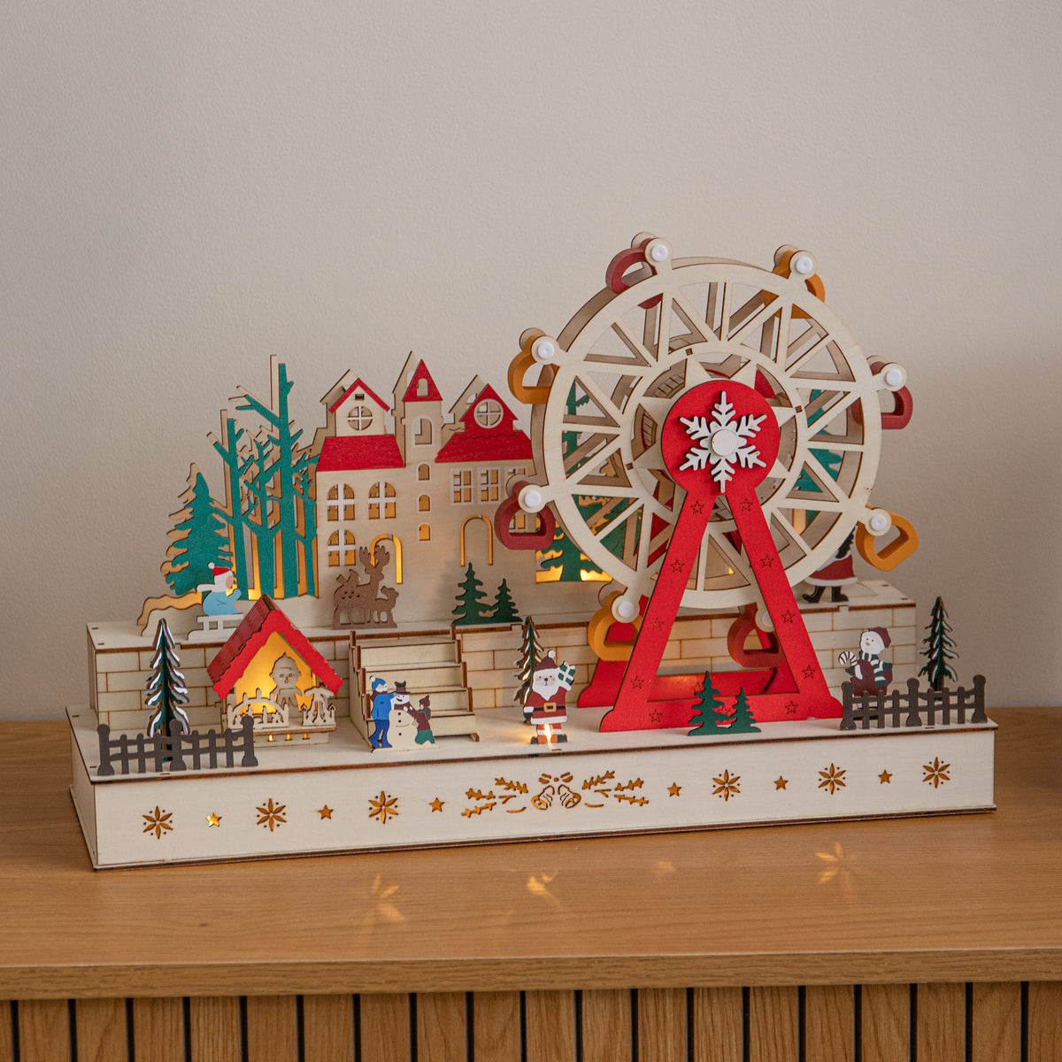 45cm Light Up Wooden Christmas Village Scene with Rotating Ferris Wheel