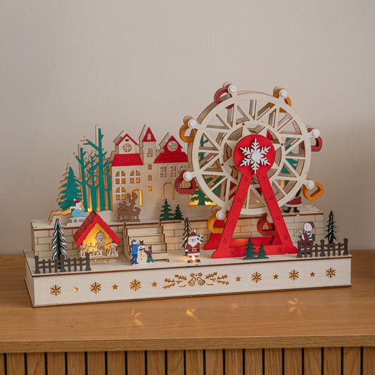 45cm Light Up Wooden Christmas Village Scene with Rotating Ferris Wheel