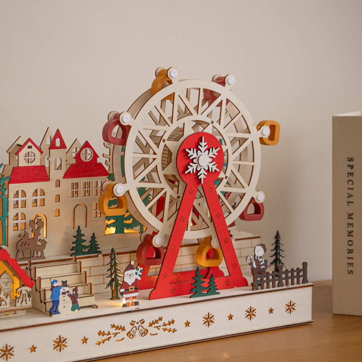 45cm Light Up Wooden Christmas Village Scene with Rotating Ferris Wheel