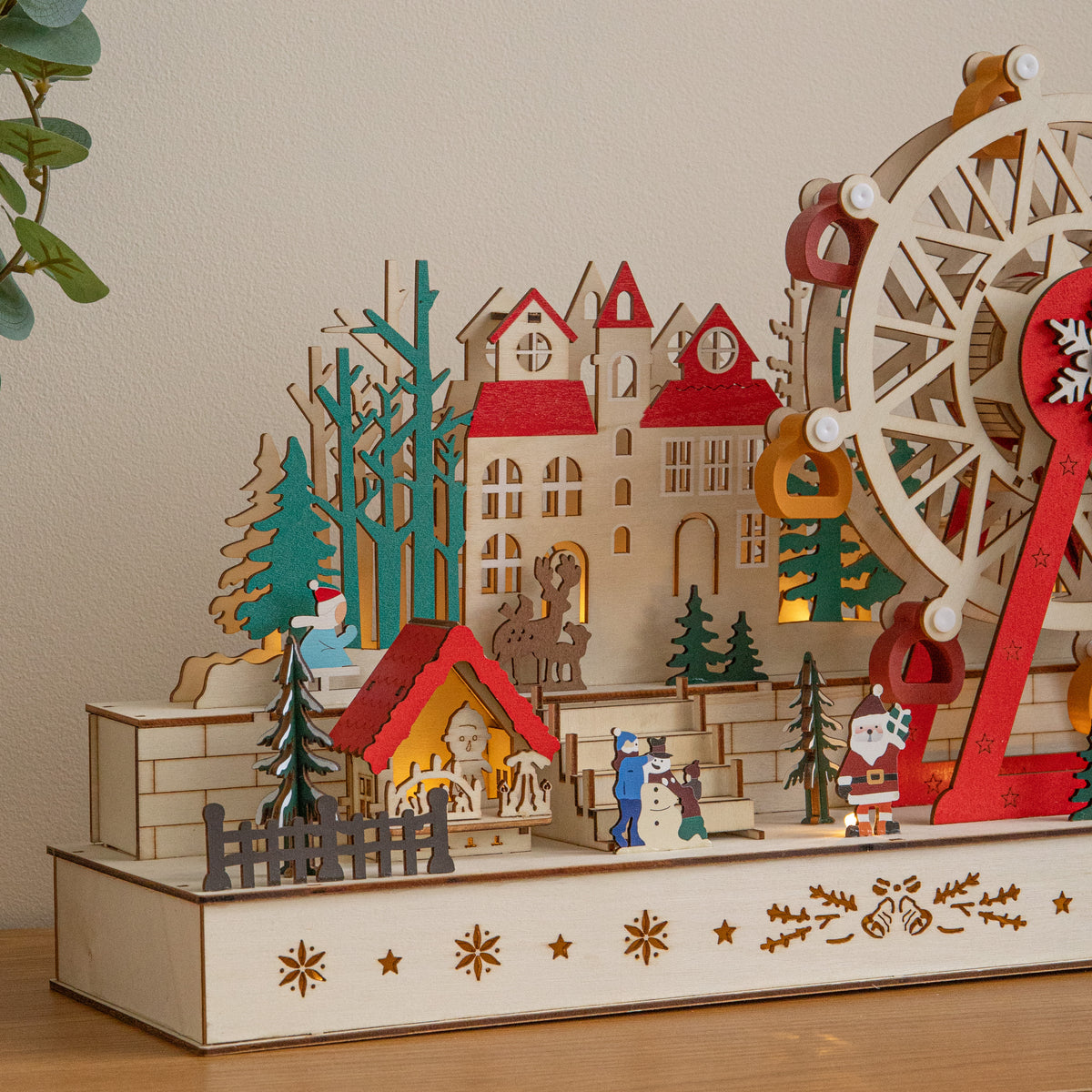 45cm Light Up Wooden Christmas Village Scene with Rotating Ferris Wheel