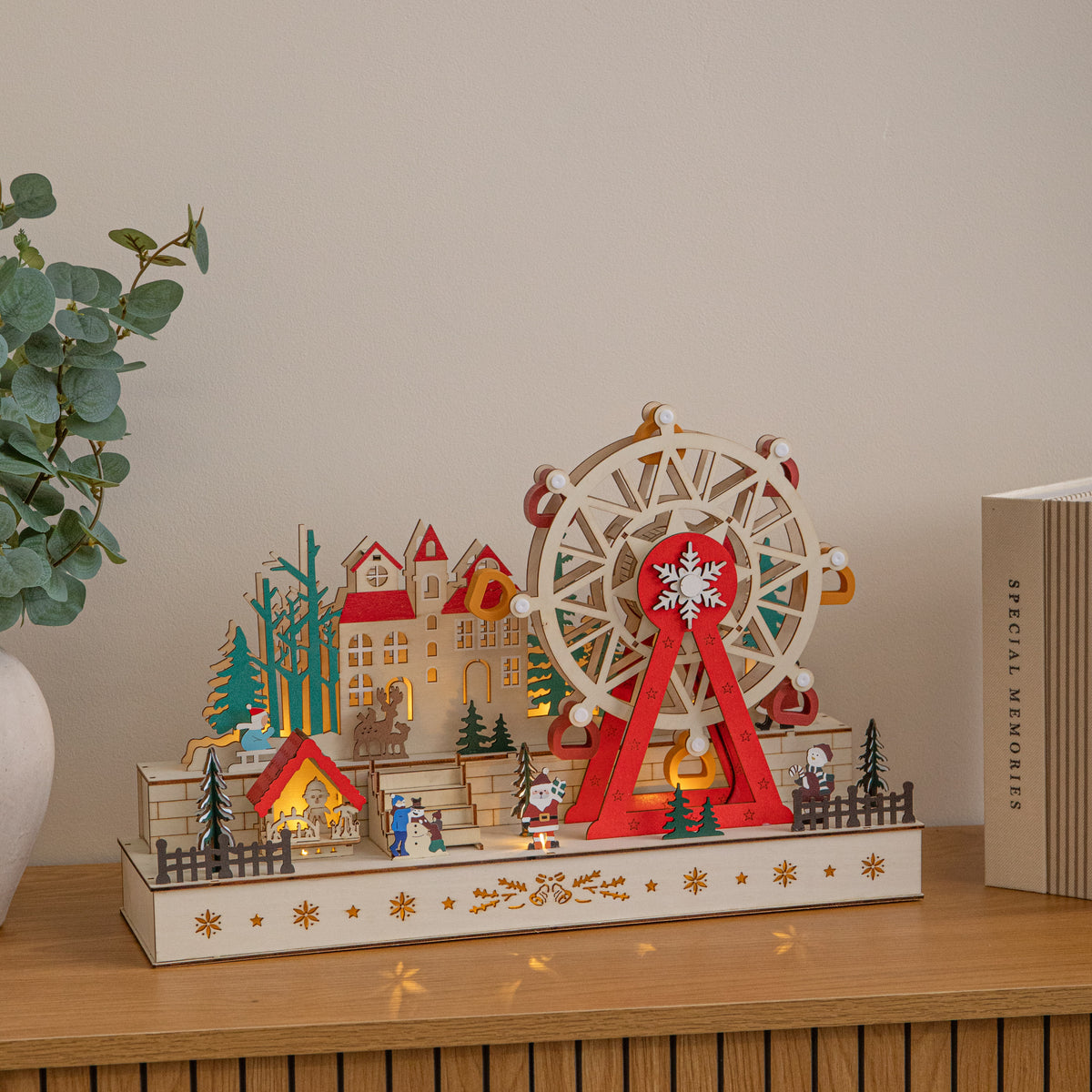 45cm Light Up Wooden Christmas Village Scene with Rotating Ferris Wheel