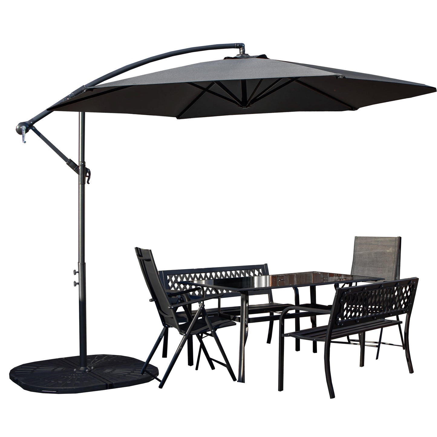 Outdoor 6 Person Rectangular Glass Top Garden Dining Table Benches & Chairs With Grey Banana Parasol and Base