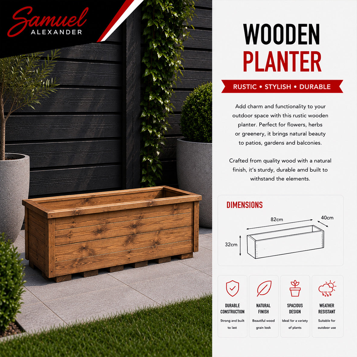 Hand Made 82cm x 40cm Rustic Wooden Medium Garden Trough / Flower Bed Planter