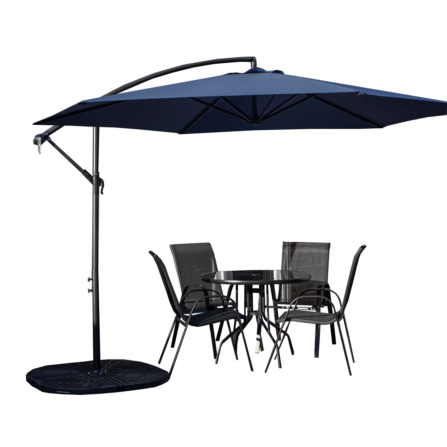 Outdoor 4 Person Round Glass Top Garden Dining Table Chairs With Blue Banana Parasol and Base