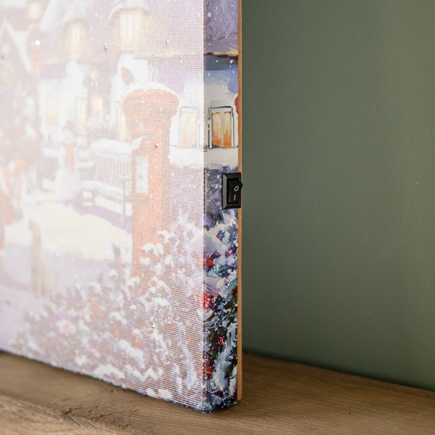 40 x 30cm Battery Operated Light up Fibre Optic Santa and Village Christmas Wall Canvas