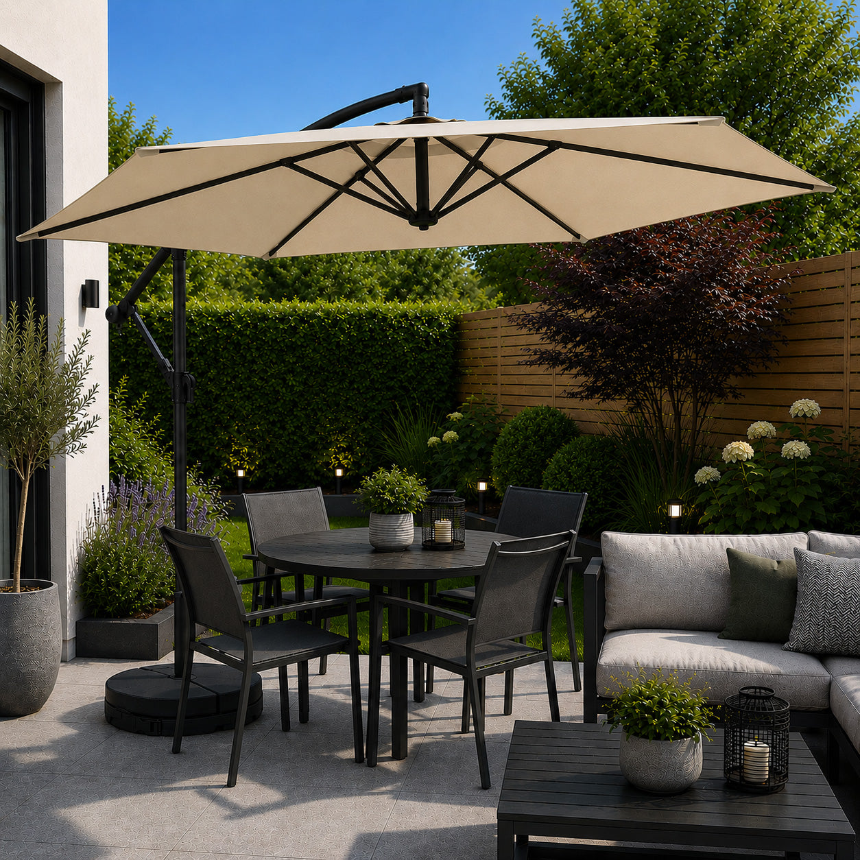 3m Cantilever Banana Garden Parasol with Crank Handle in Beige with Base Bag Included