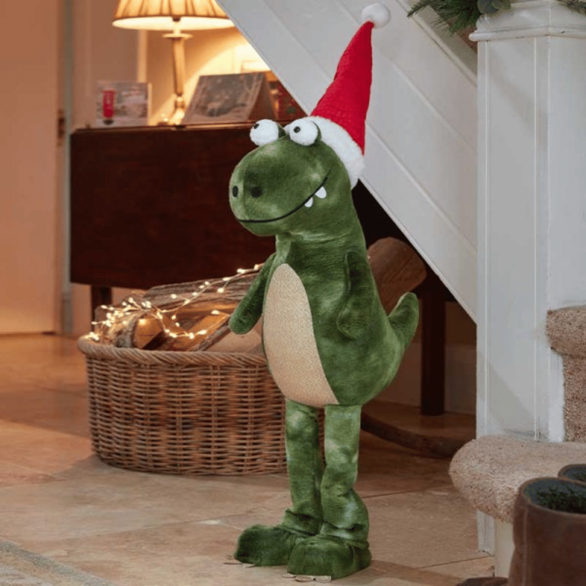 85cm Tall Green Plush Big Lizard Dino Standing Christmas Decoration with Santa Hat
