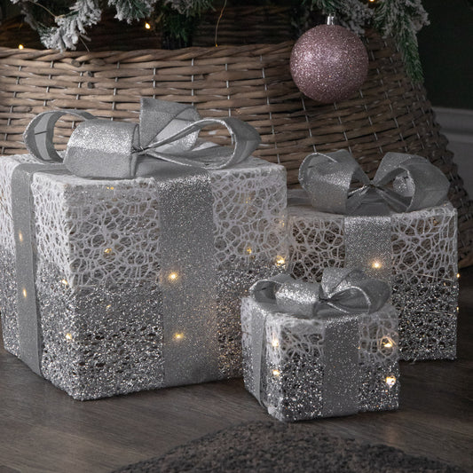 Set of 3 Battery Operated Silver Sparkly Christmas Gift Boxes with LEDs
