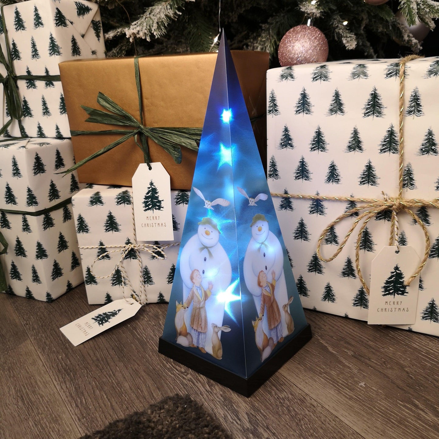 35cm Battery Operated Laser Pyramid Christmas Decoration - The Snowman and Friends