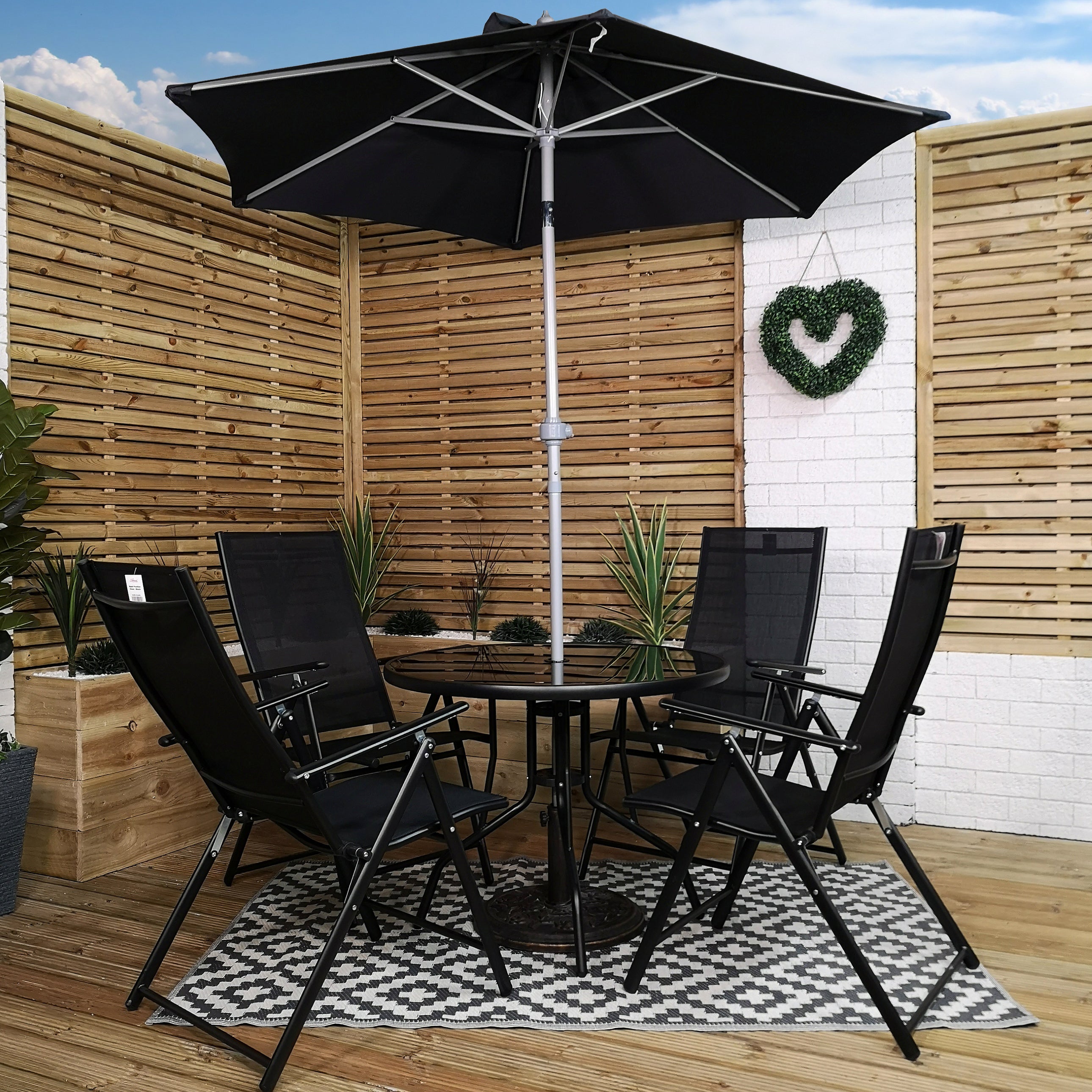 Outdoor 4 Person Round Glass Top Garden Patio Dining Table Chairs Black Parasol and Base Set