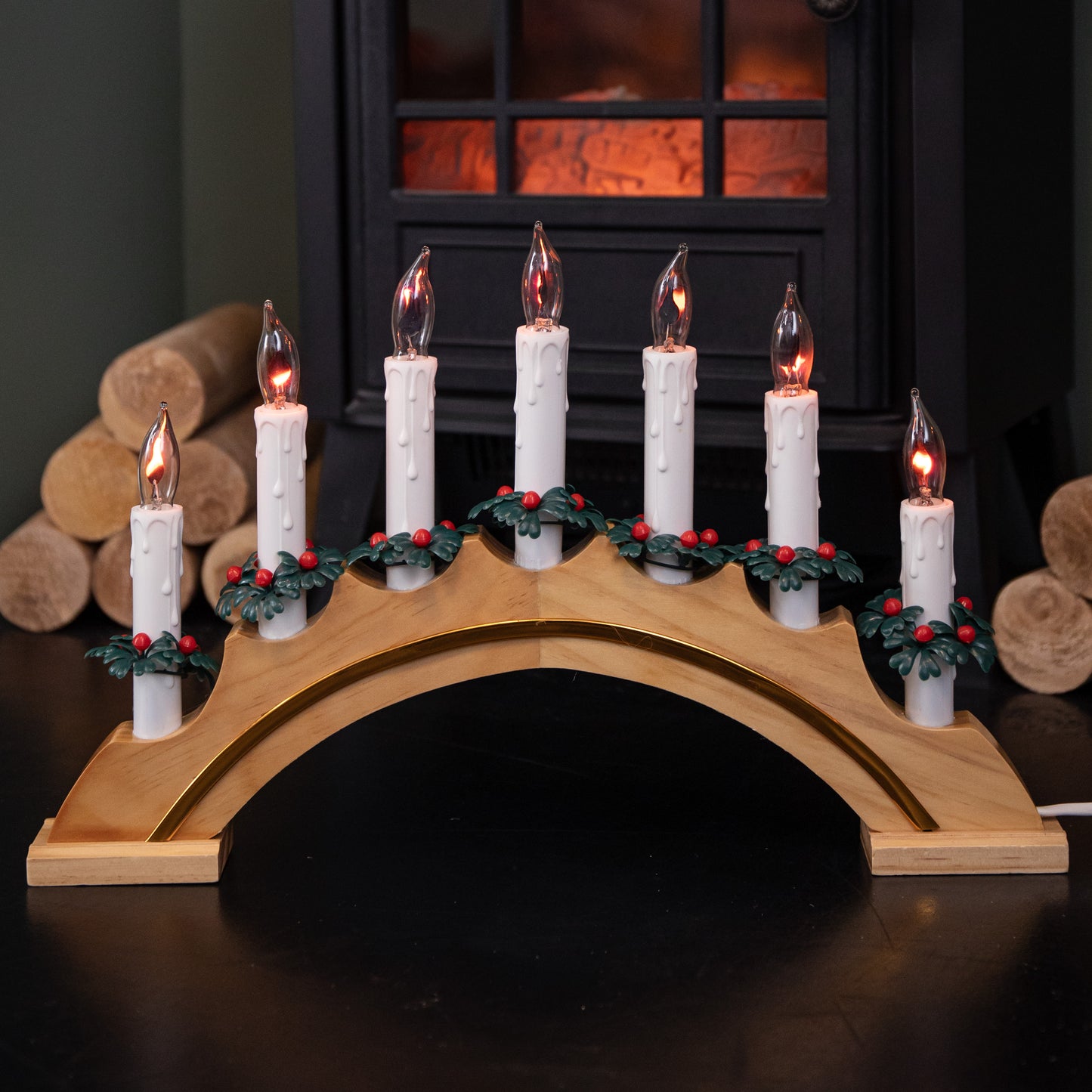 42cm Light up Wooden Arch Christmas Candle Bridge with 7 Flickering LED Candles