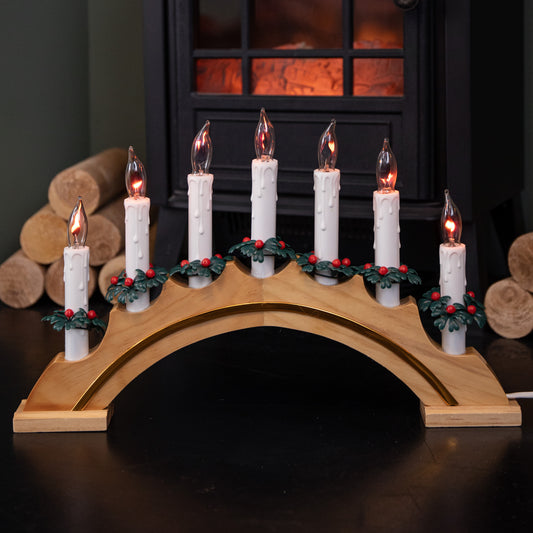 42cm Light up Wooden Arch Christmas Candle Bridge with 7 Flickering LED Candles
