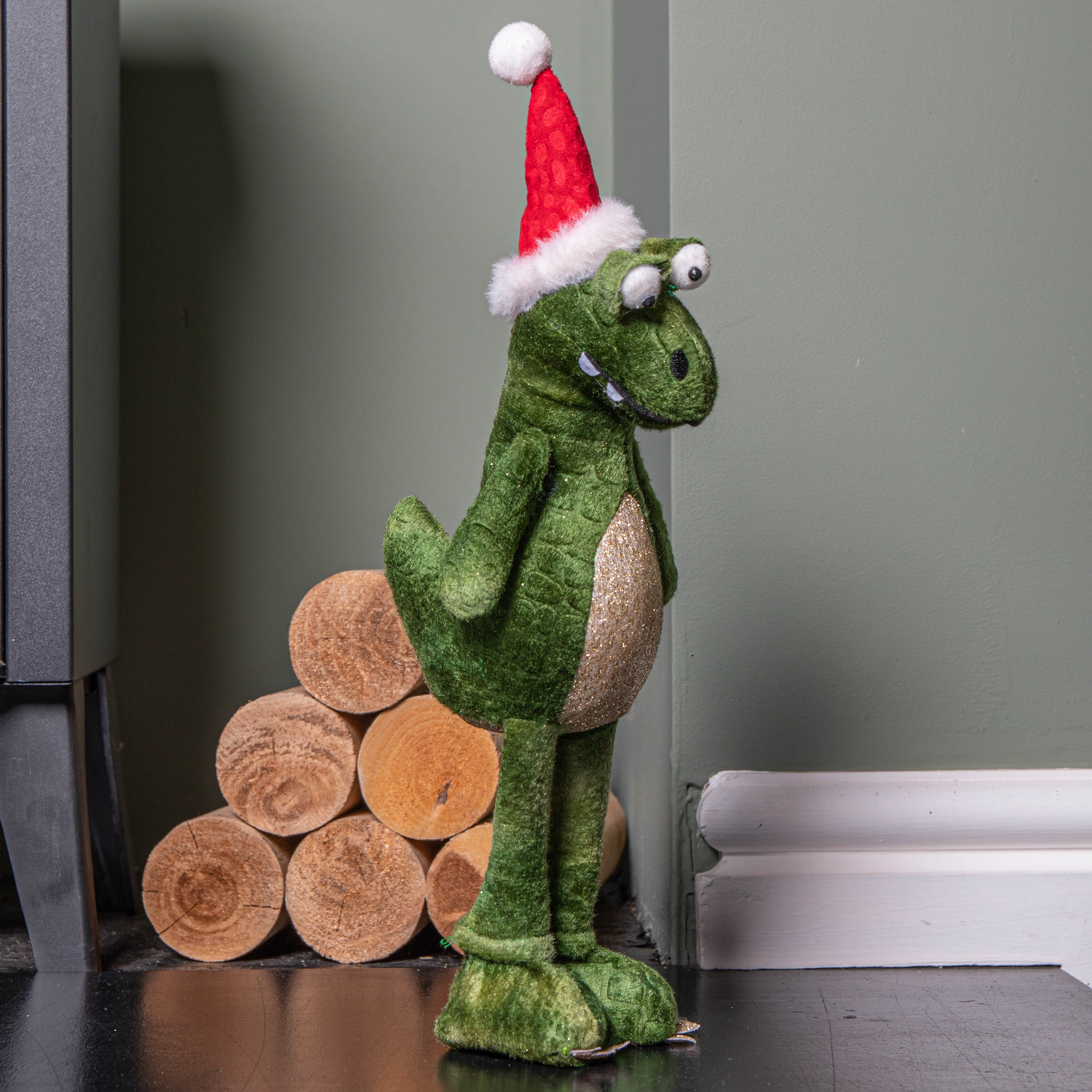 37cm Green Standing Christmas Dinosaur with Santa Hat