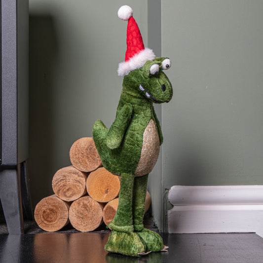 37cm Green Standing Christmas Dinosaur with Santa Hat