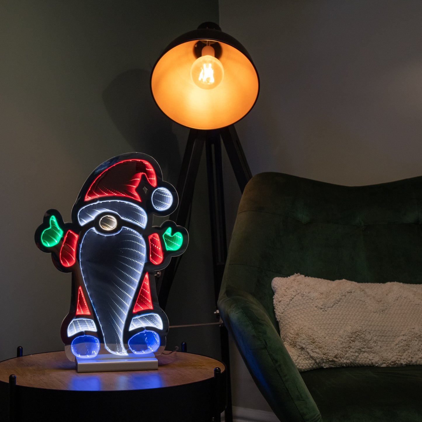 40cm Light up Standing Gnome Christmas Infinity Decoration on Wooden Base with LEDs