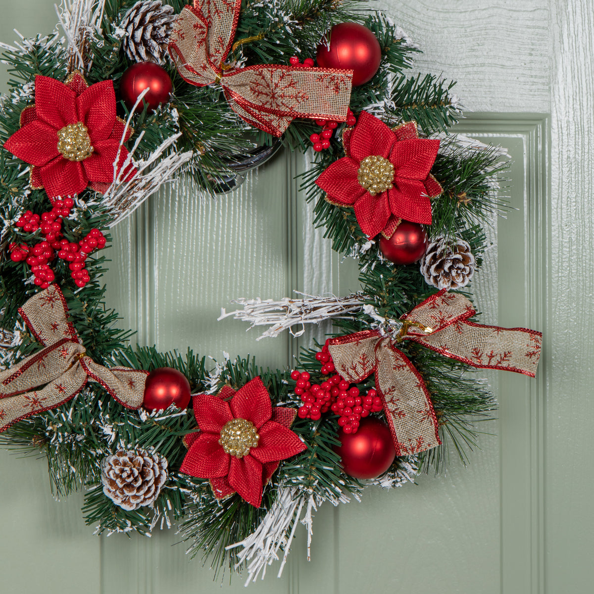 40cm Christmas Wreath with Snow Tipped Branches, Red Berries, Baubles and Bows