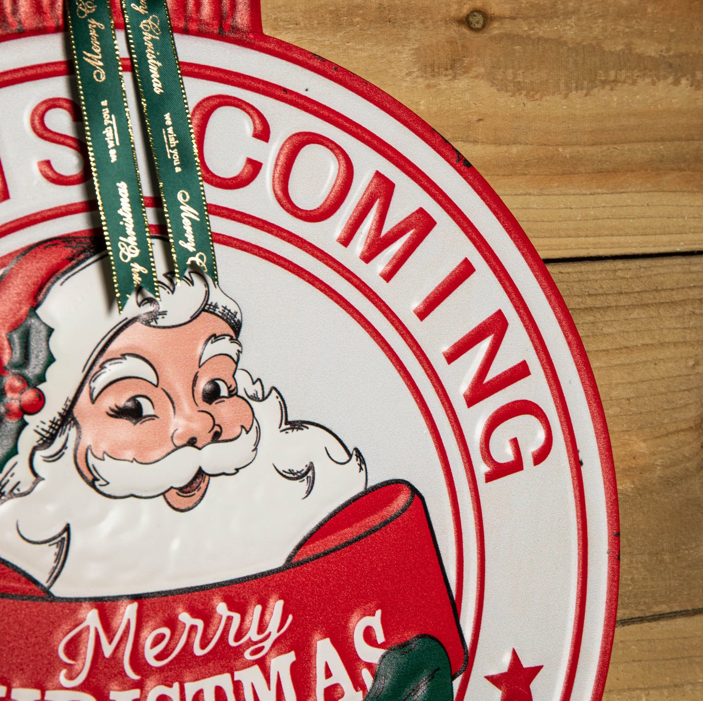 47cm Round Metal Santa is Coming to Town Sign - Red & White