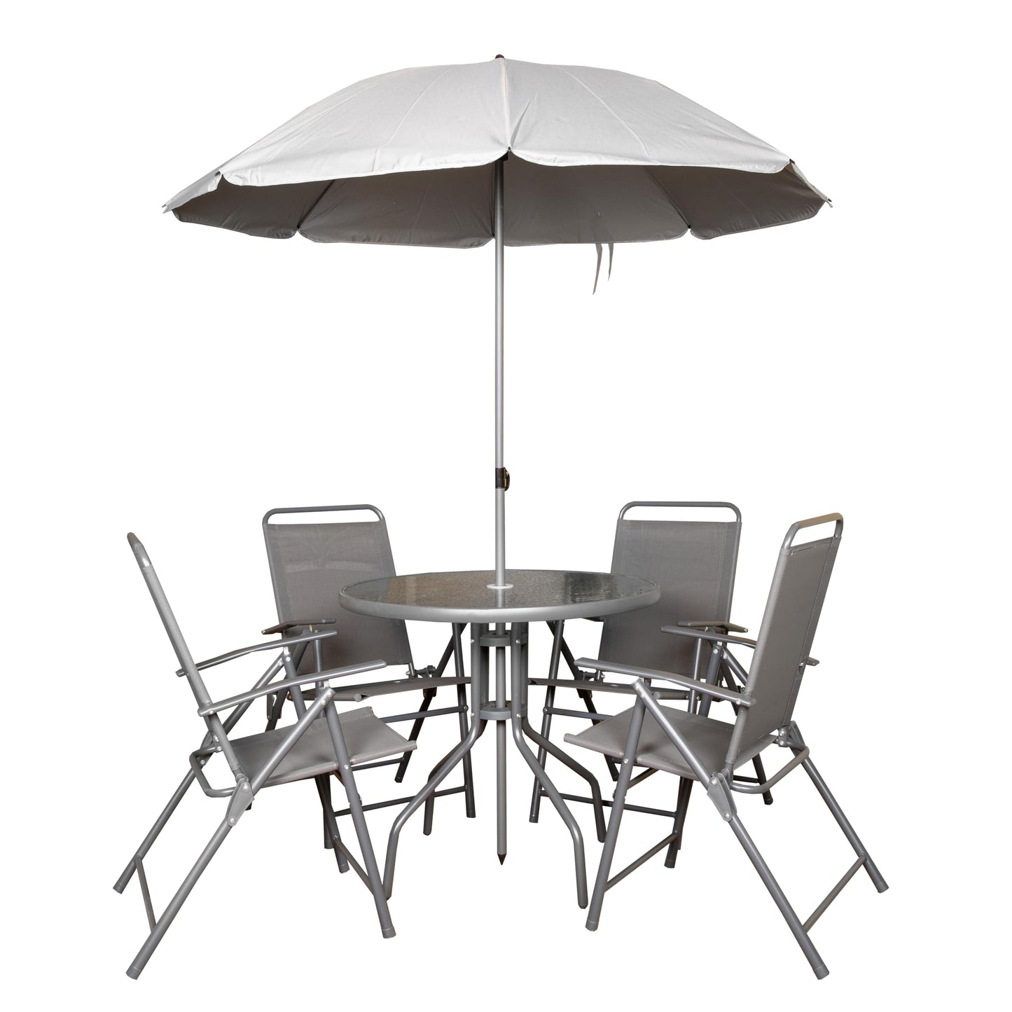 Factory Seconds: Samuel Alexander Outdoor 4 Seater Round Glass Top Table and Chairs Patio Set with Parasol in Grey