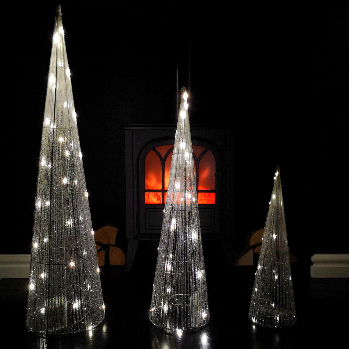 LED Tree Cone Obelisk Trio with 90 LEDs in Silver