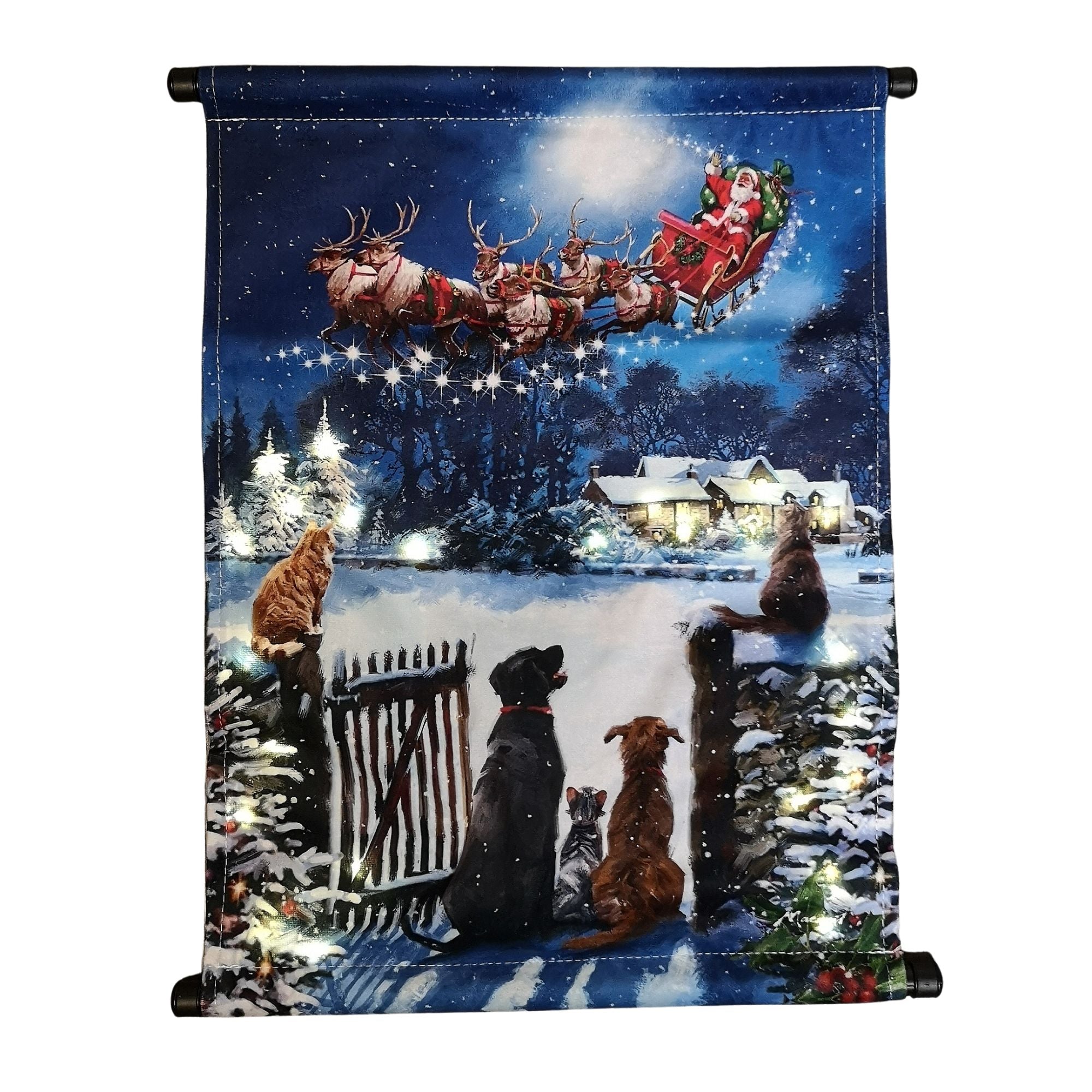 Battery Operated 47cm x 38cm Light up Cats and Dogs Snowy Scene Christmas Hanging Wall Art