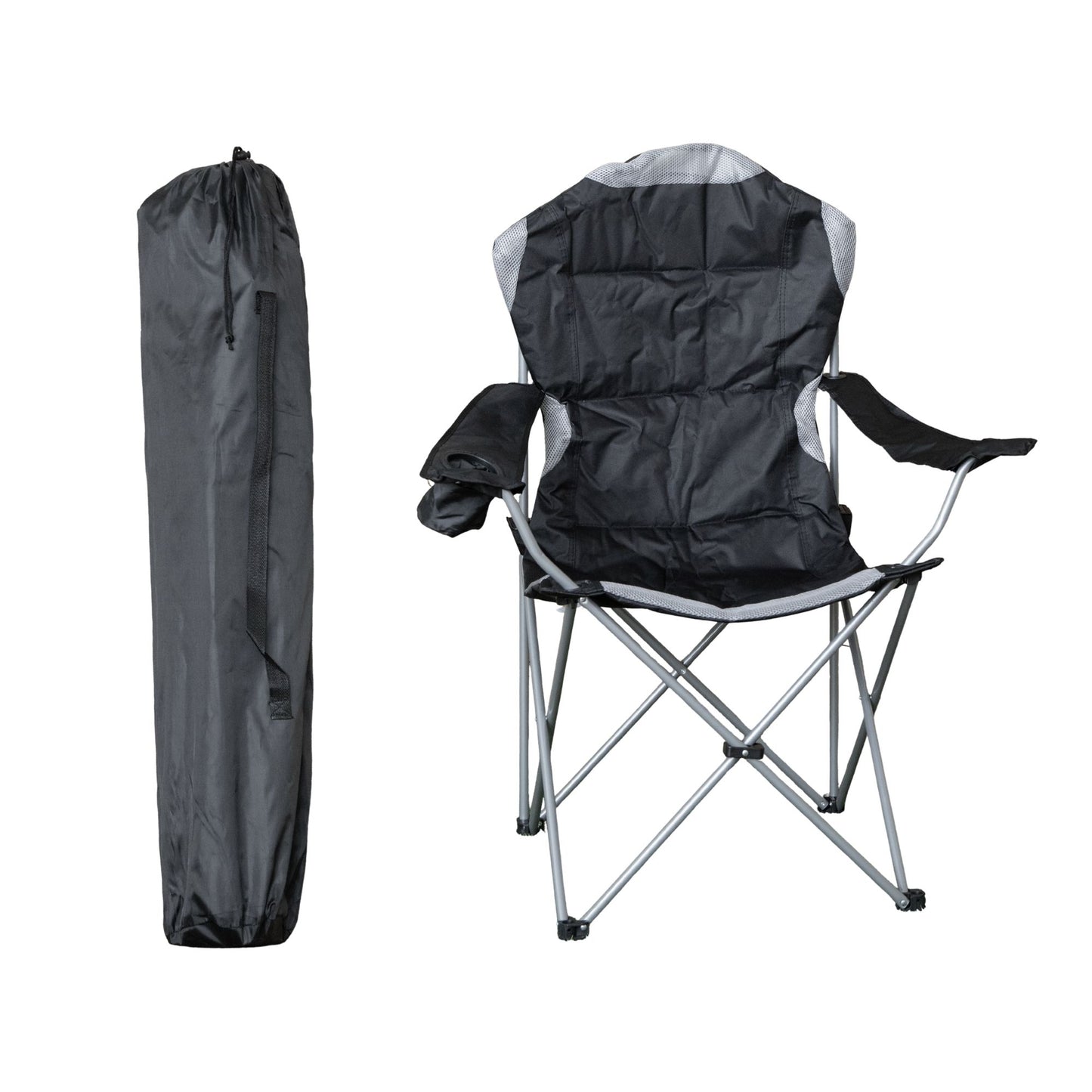 Luxury Padded High Back Outdoor Folding Chair with Cupholder in Black