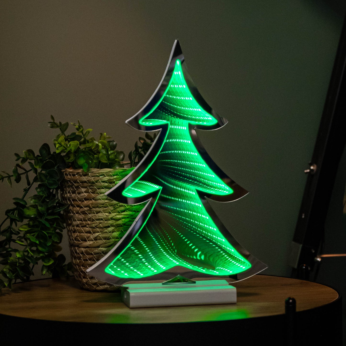 30cm Standing Infinity Christmas Tree Light with Wooden Base and Green LEDs
