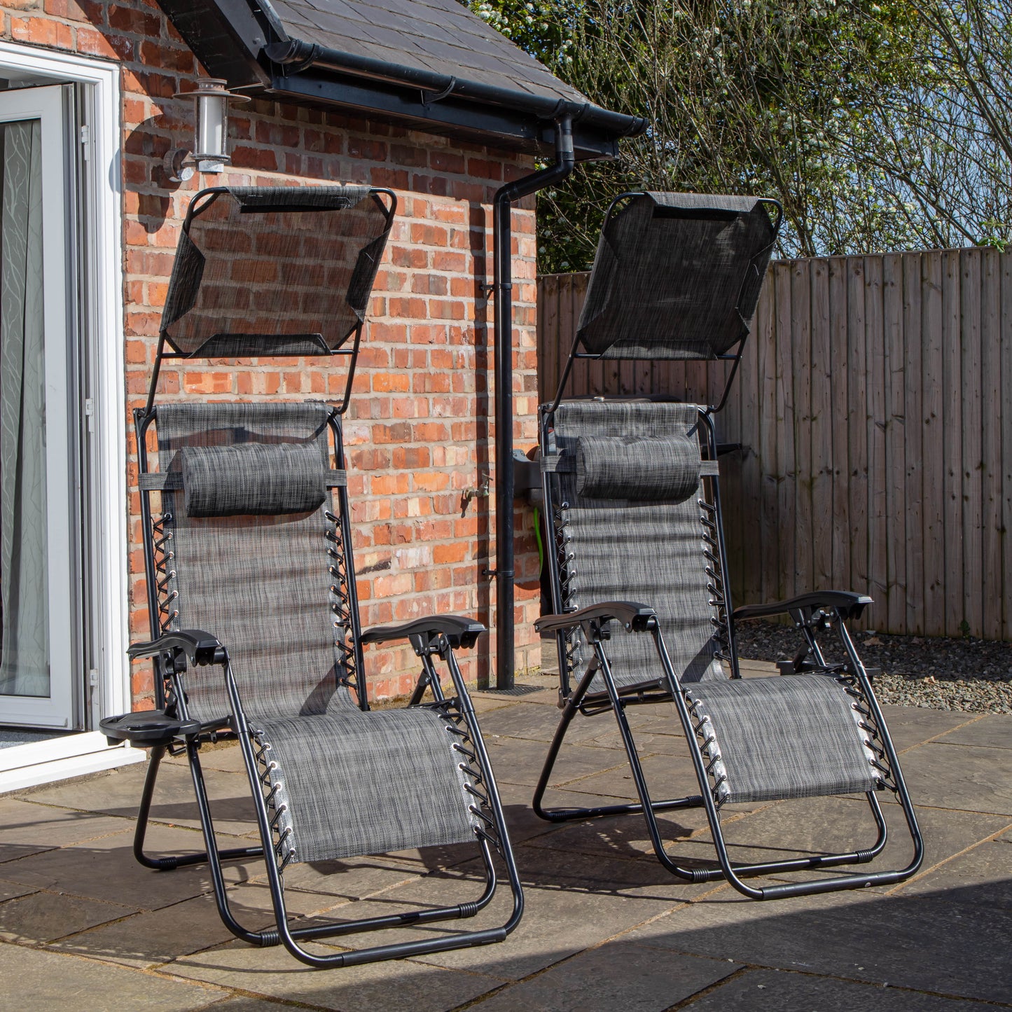Pack of 2 Multi Position Garden Gravity Relaxer Chair Sun Loungers with Sun Canopy in Grey