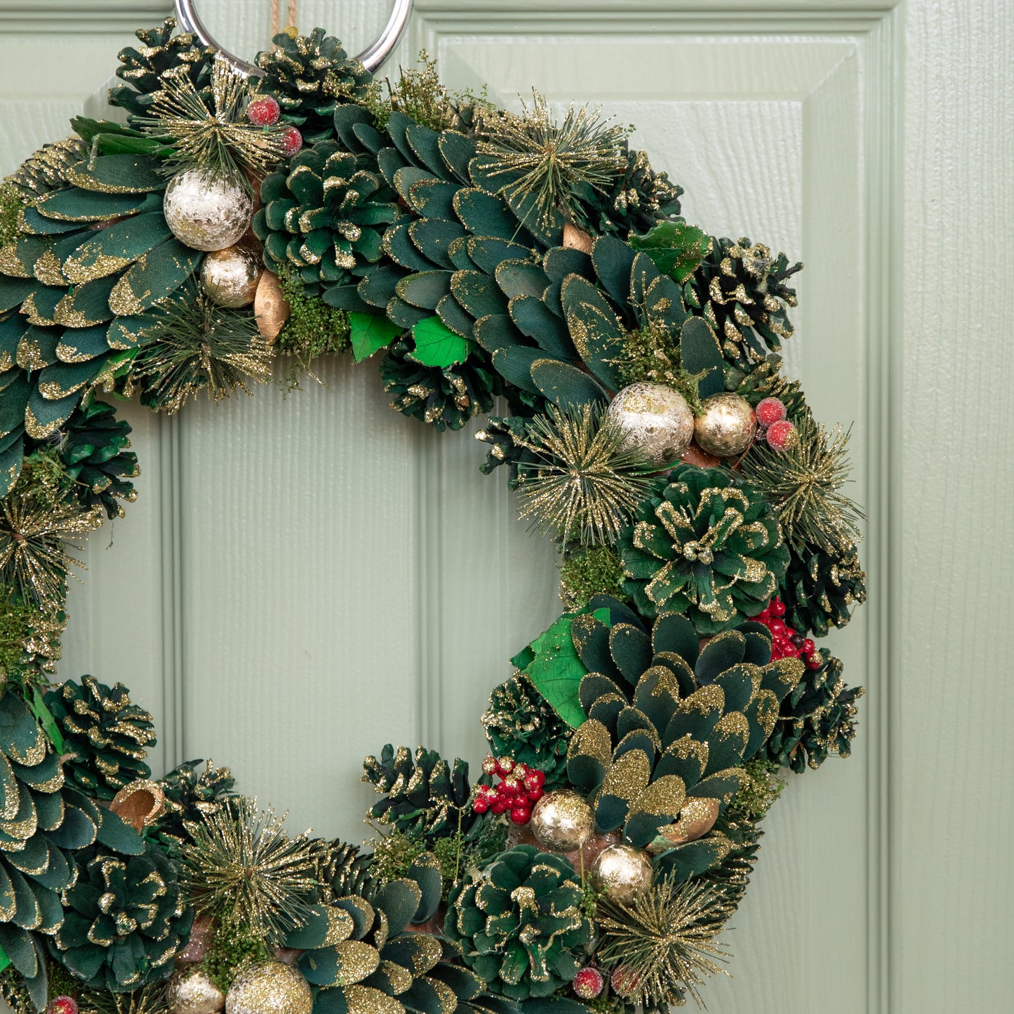 50cm Bauble and Pinecone Hanging Christmas Wreath with Red Berries