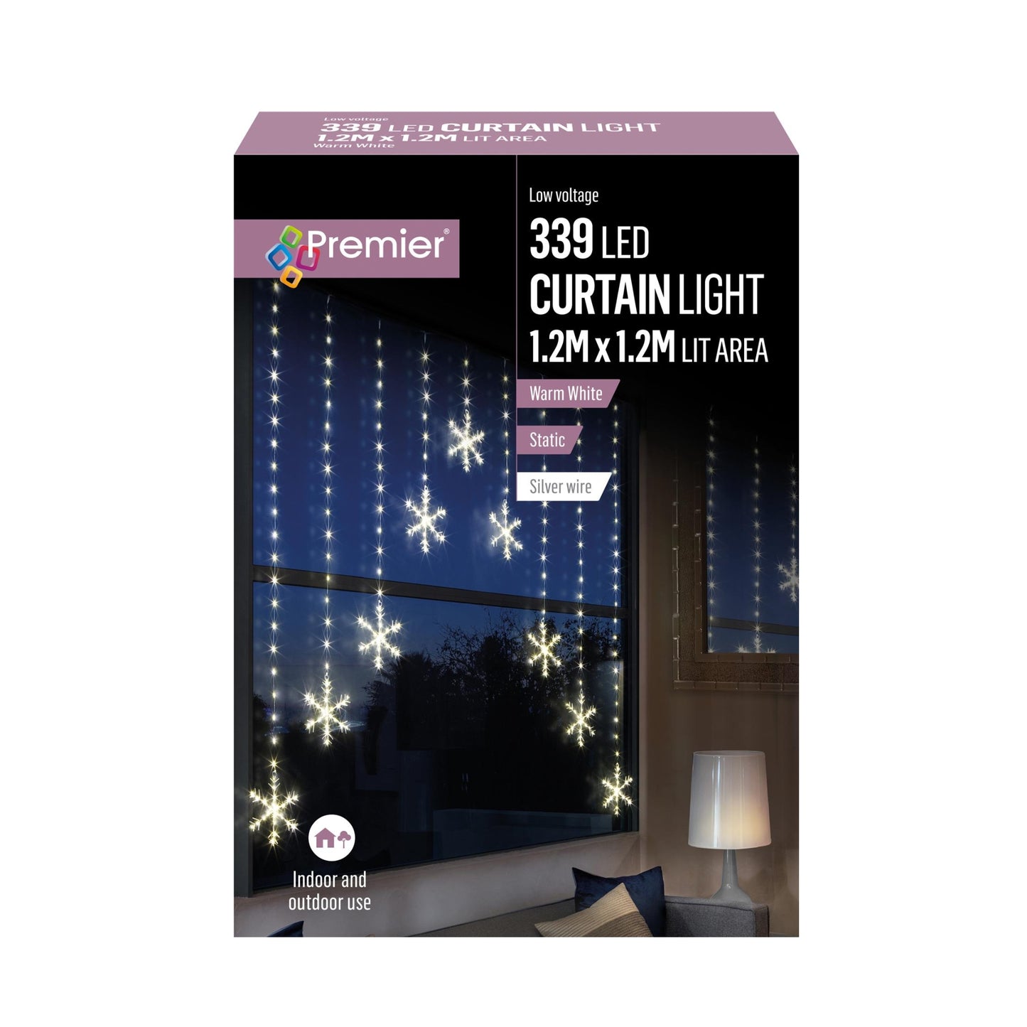 1.2m x 1.2m Light up Snowflake Pin Wire Christmas Curtain Lights with 339 Warm White LEDs