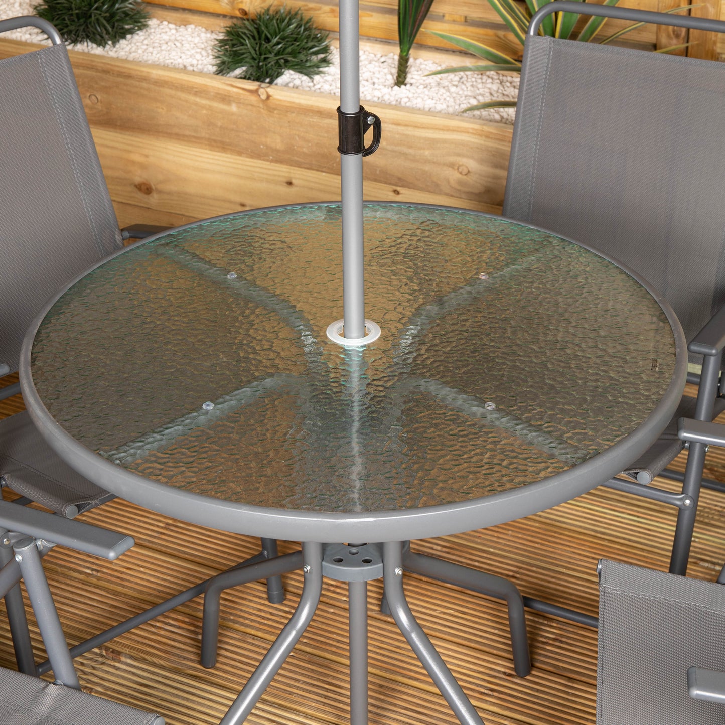Factory Seconds: Samuel Alexander Outdoor 4 Seater Round Glass Top Table and Chairs Patio Set with Parasol in Grey