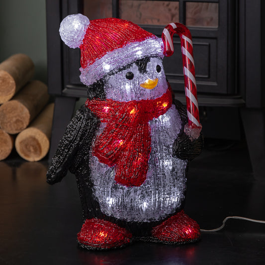 30cm Light up Acrylic Christmas Penguin with Candy Cane Decorations & White LEDs