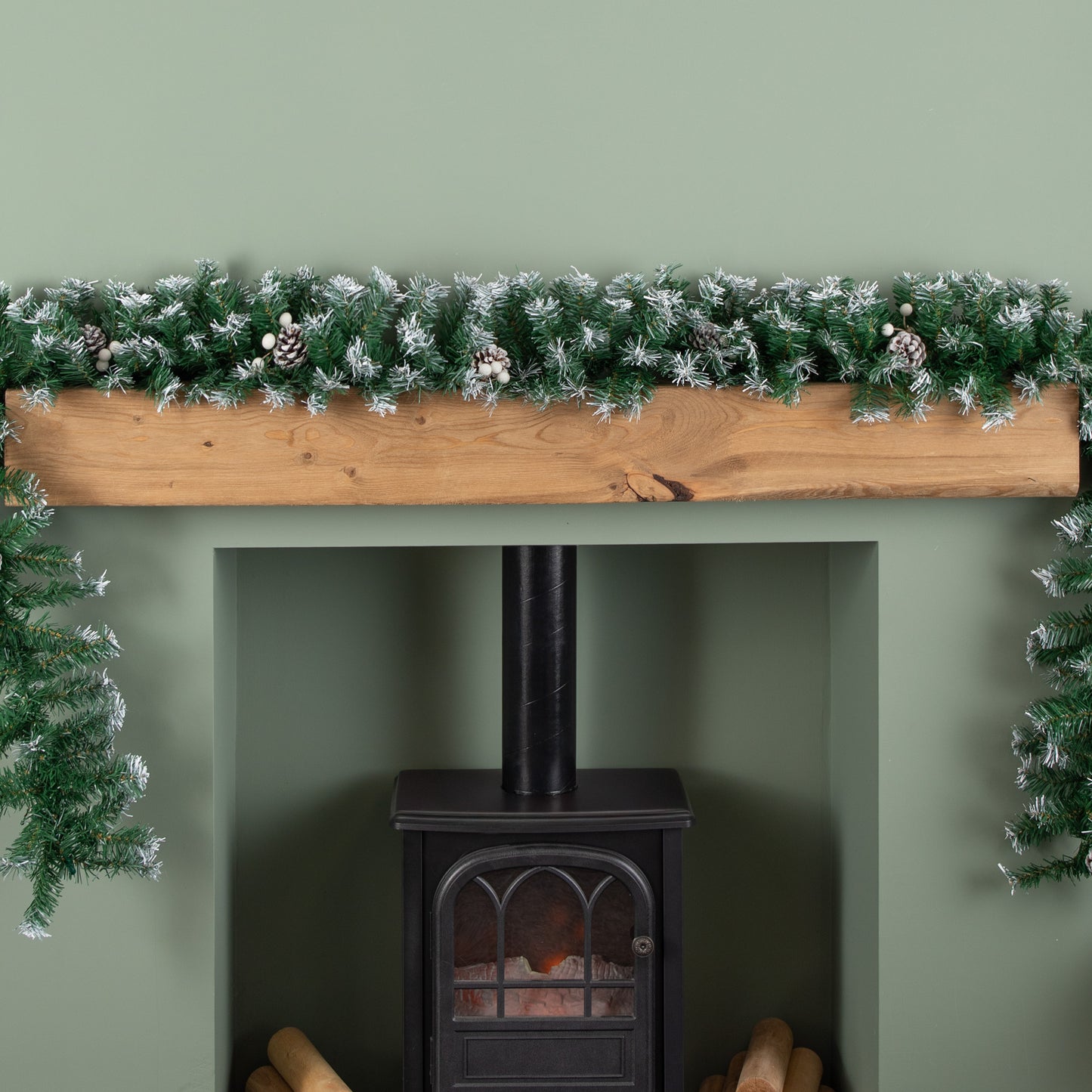 2.7m (9ft) Green Snow Tipped Christmas Garland with White Berries and Pine Cones