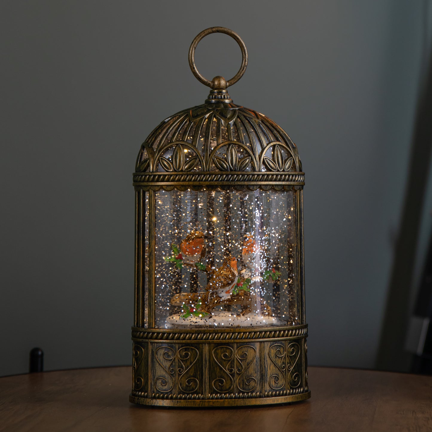 24cm Dual Powered Light up Christmas Cage Water Spinner with Robin Scene & LEDs