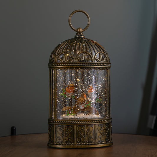 24cm Dual Powered Light up Christmas Cage Water Spinner with Robin Scene & LEDs