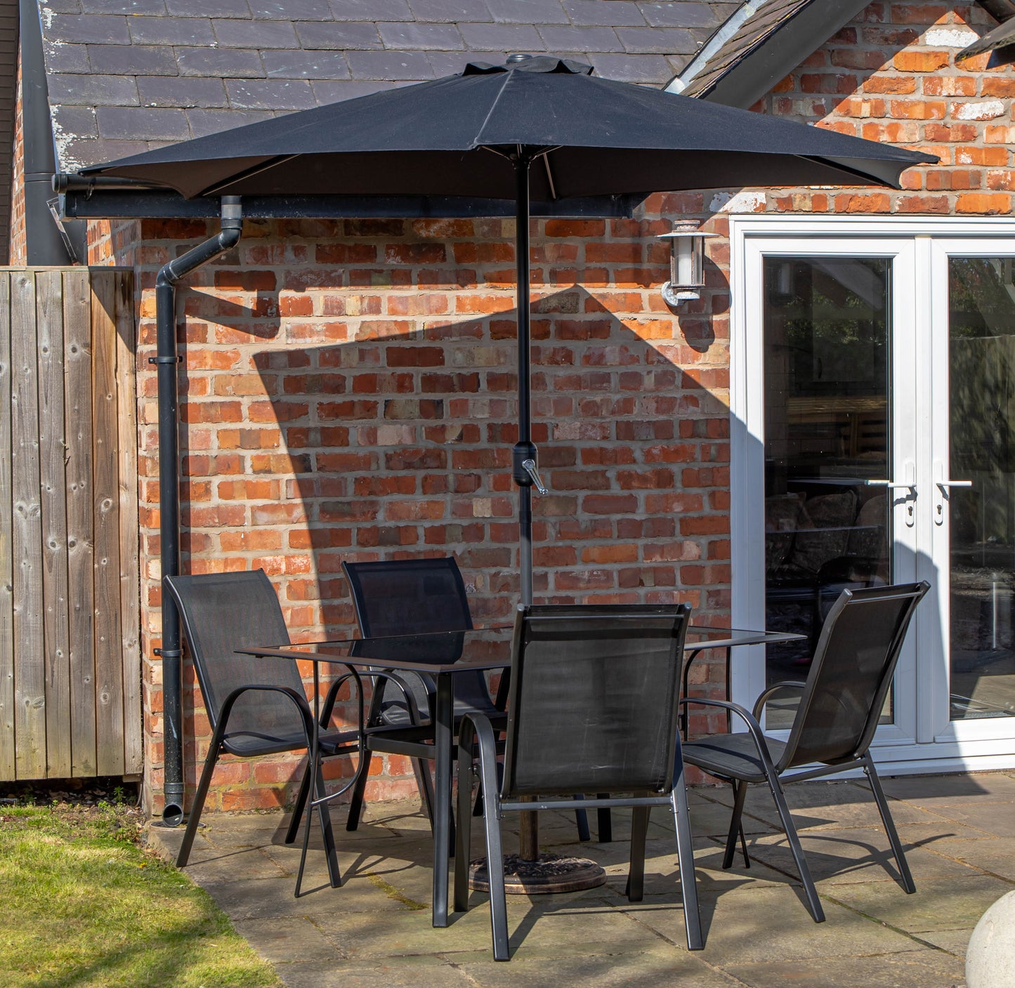 Outdoor 4 Person Rectangular Glass Top Garden Dining Table Chairs With Black Parasol and Base Set