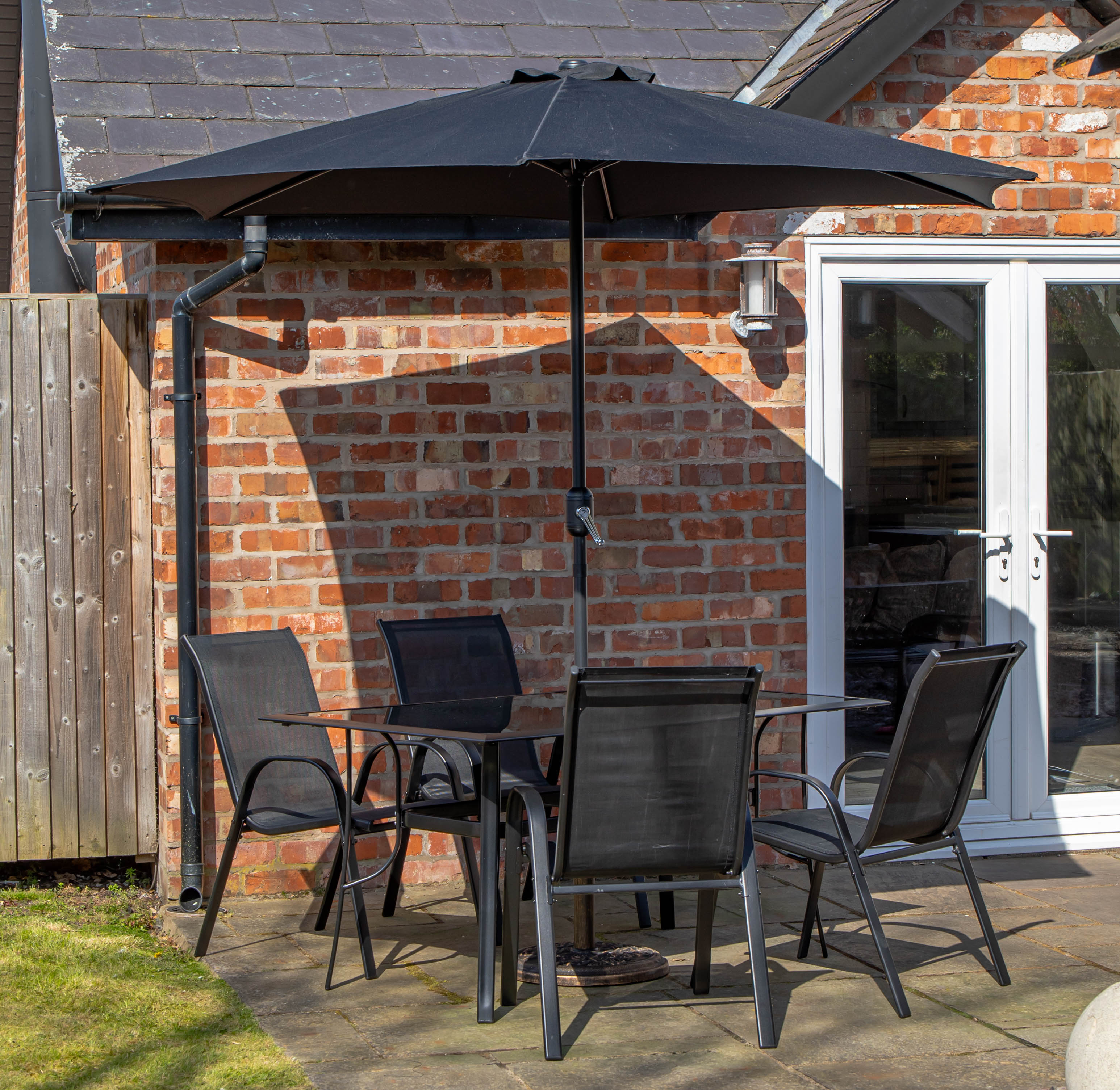 Outdoor 4 Person Rectangular Glass Top Garden Dining Table Chairs With Black Parasol and Base Set