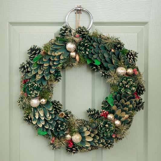 50cm Bauble and Pinecone Hanging Christmas Wreath with Red Berries