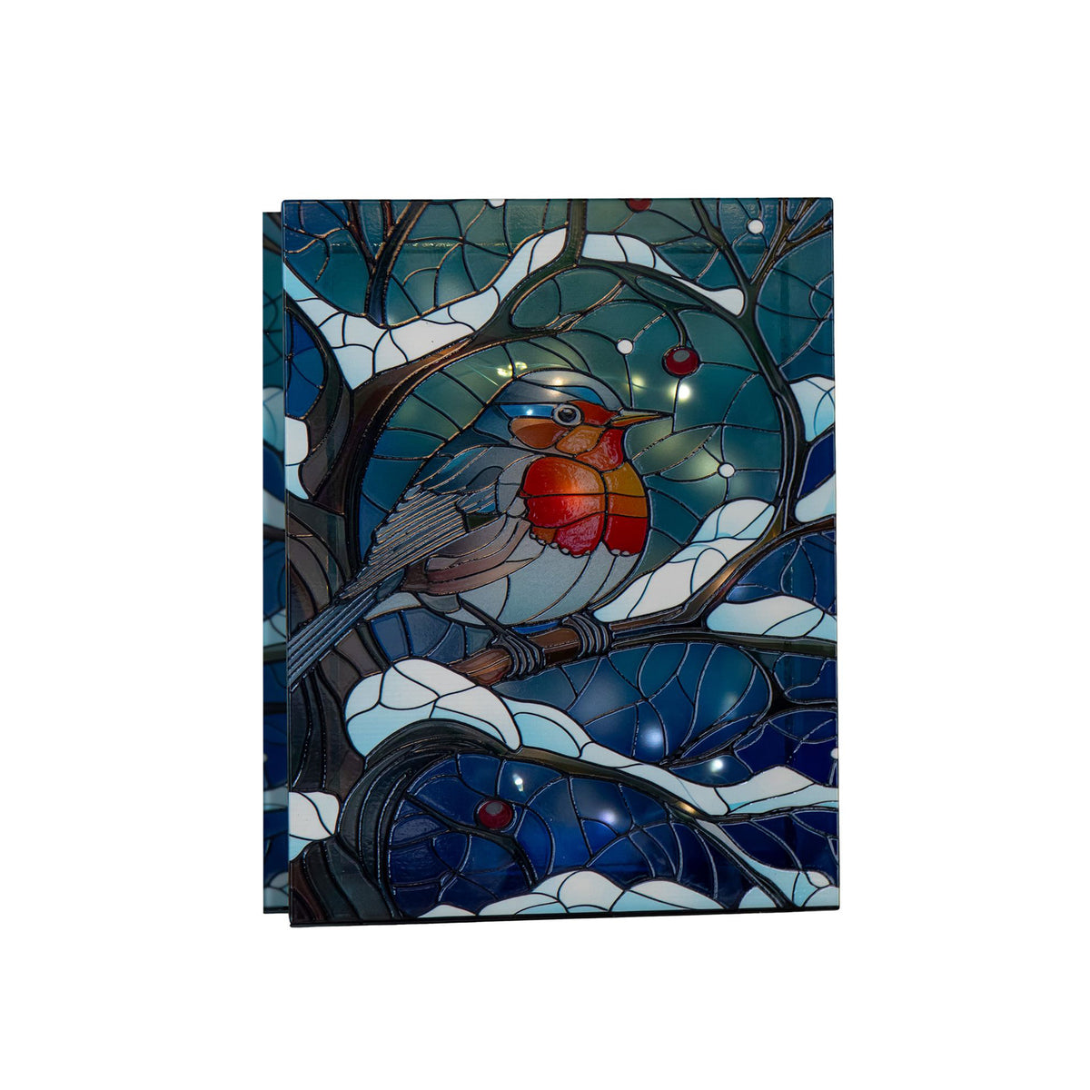 28cm Battery Powered Light up Stained Glass Christmas Decoration with Robin & Warm White LEDs