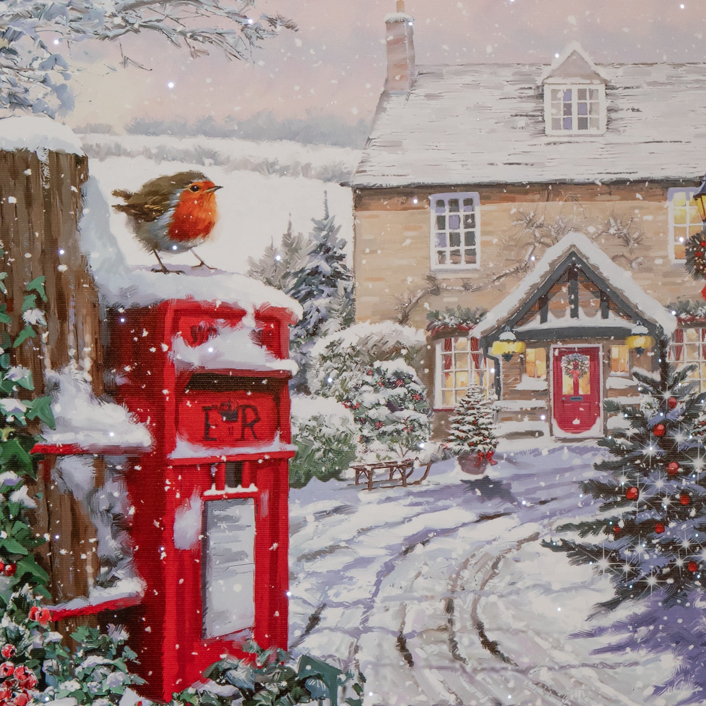Battery Operated 40 x 40cm Light up Snowy Christmas Robin Scene Picture Canvas