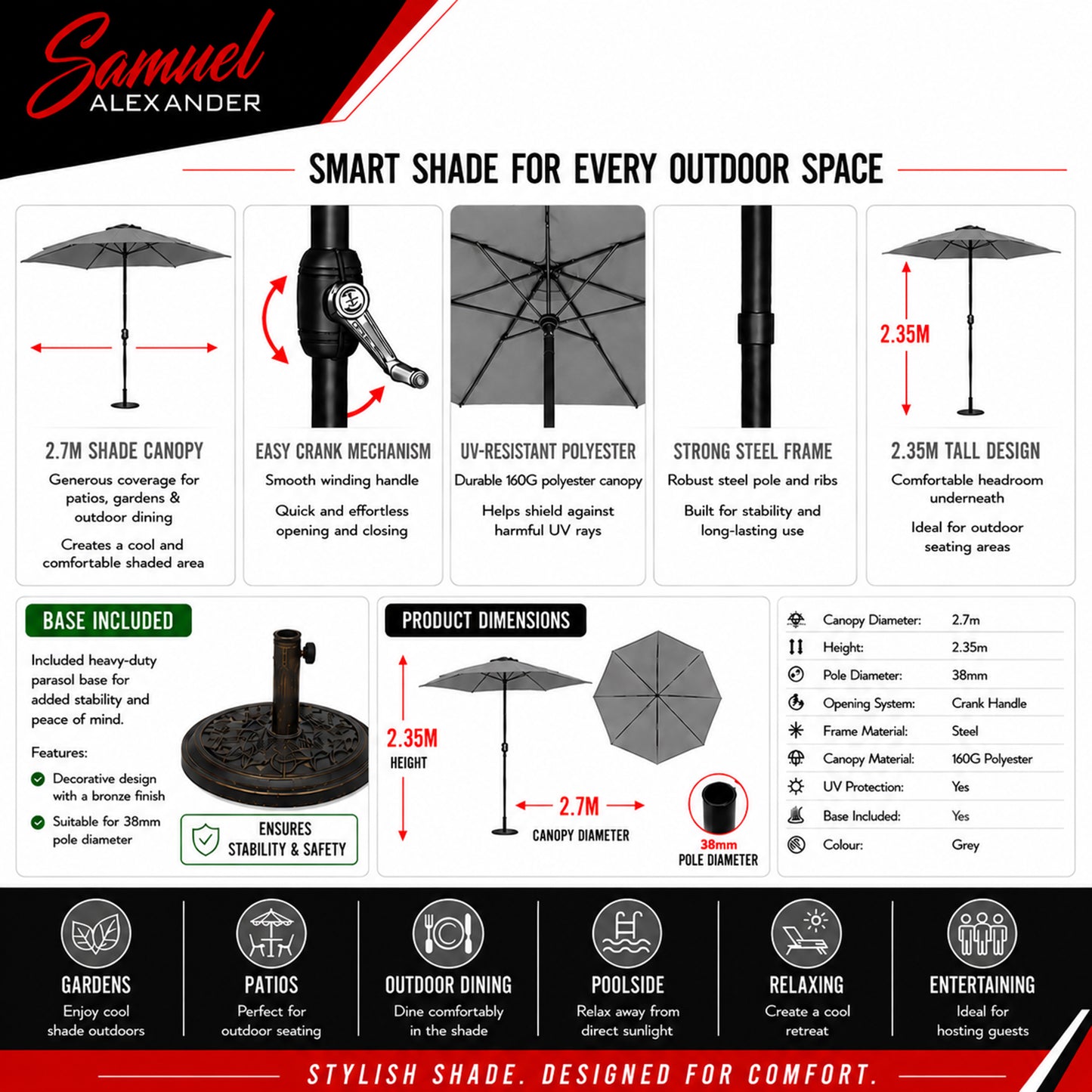 2.7m Havana Garden Patio Parasol with Crank Handle in Grey with 9kg Base Included
