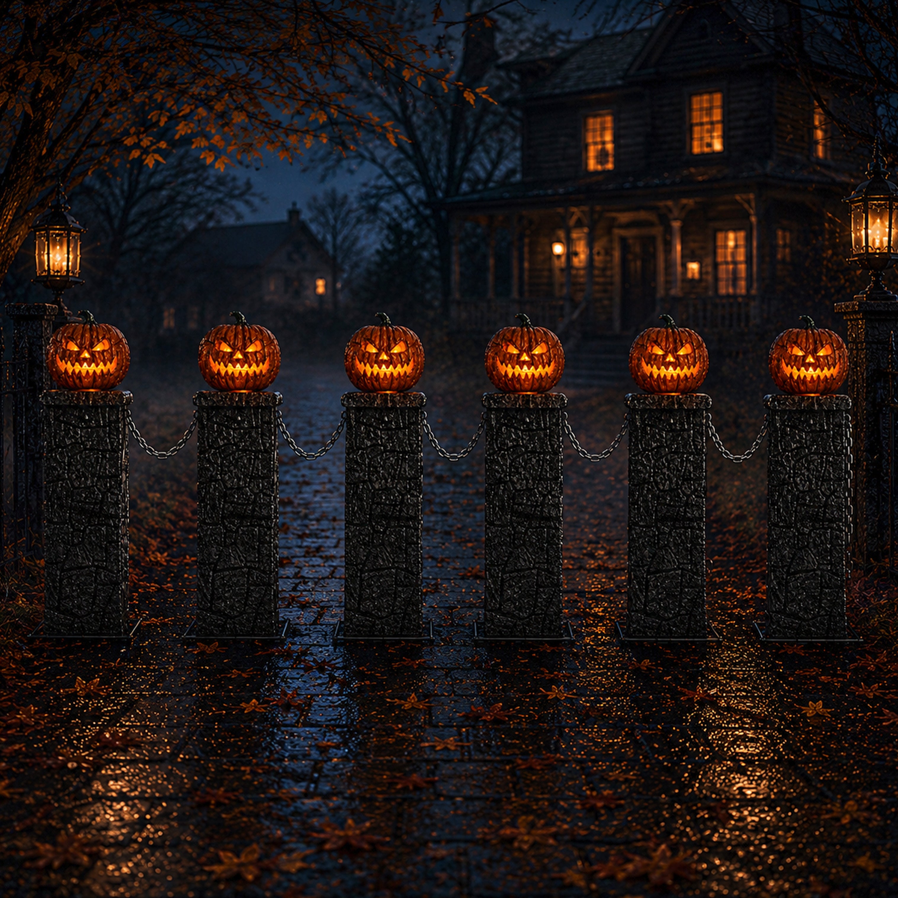Pack of 2: 97cm x 1.2m Battery Powered Light up Halloween Pumpkin Fence with LEDs