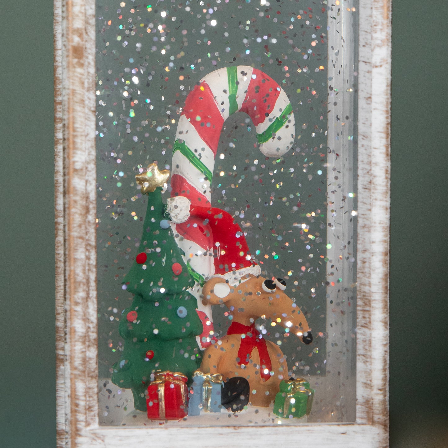29cm Battery Powered Light up Antique Lantern Christmas Water Spinner with Snowy Mouse Scene