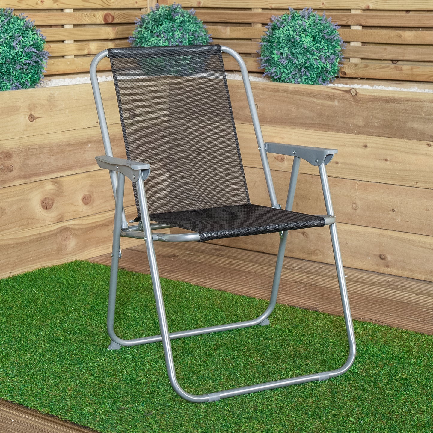 2 x Foldable Garden Chairs Fixed position garden chairs with grey frame and black fabric