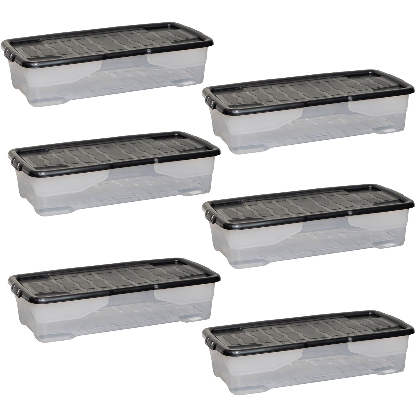 6 x 42L Clear Under Bed Storage Box with Black Lid, Stackable and Nestable Design Storage Solution