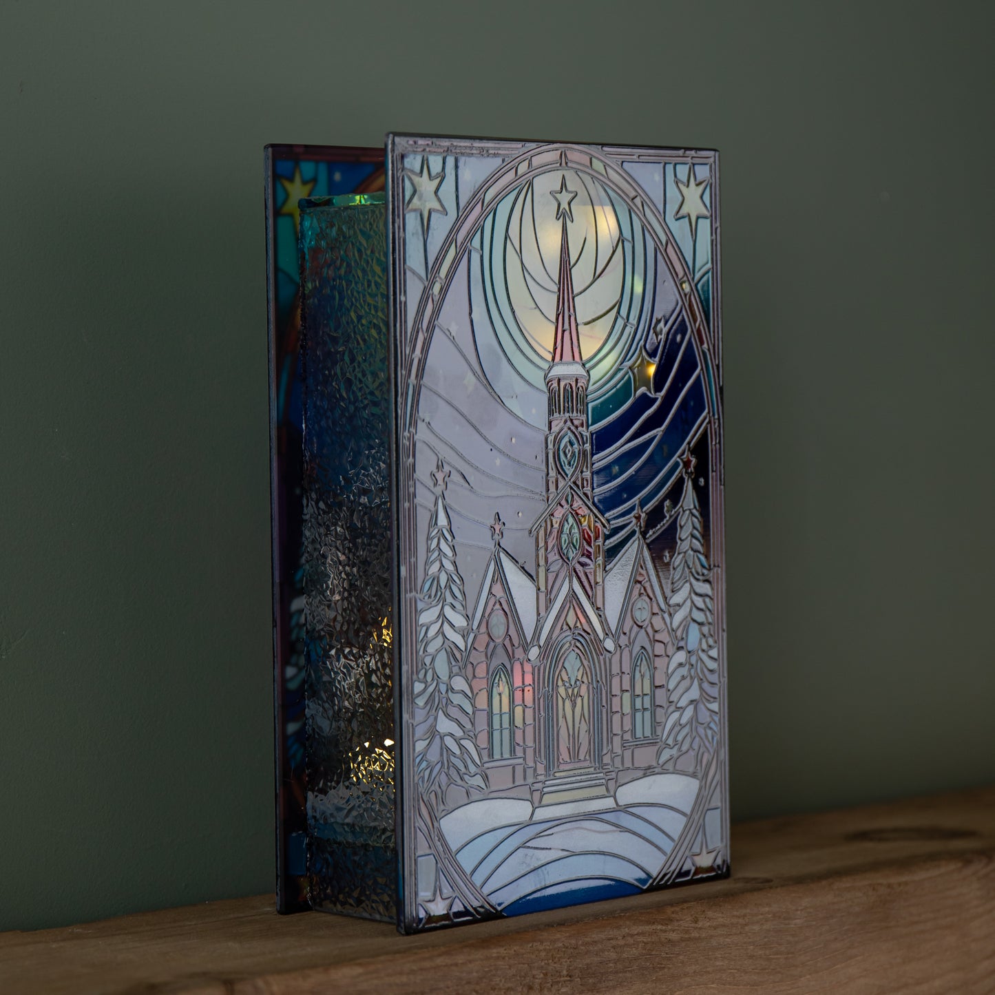 21cm Battery Operated Light up Stained Glass Christmas Decoration with Church Scene & Warm White LEDs