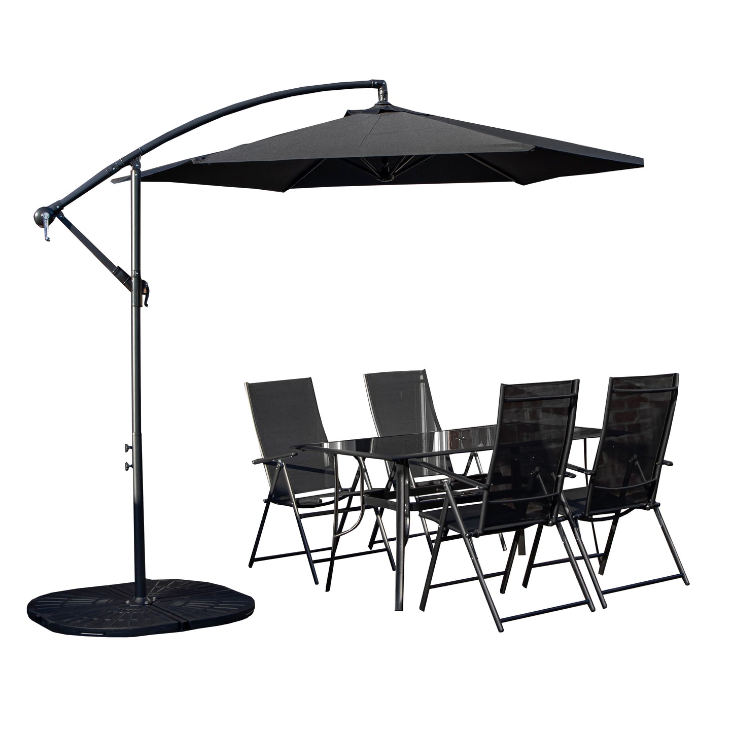Outdoor 4 Person Rectangular Glass Top Garden Dining Table Chairs With Black Banana Parasol and Base